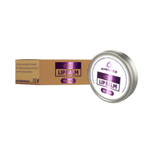 Load image into Gallery viewer, A round tin of Ambience CBD Infused 50mg CBD Lip Balm 15g (Buy 1 Get 2 Free) is placed next to its rectangular cardboard packaging. The tin features a white label with purple and black text reading &quot;Ambience CBD.&quot; Both the packaging and tin, enriched with natural hemp extract, indicate a 50 mg CBD content for moisturizing lip care.
