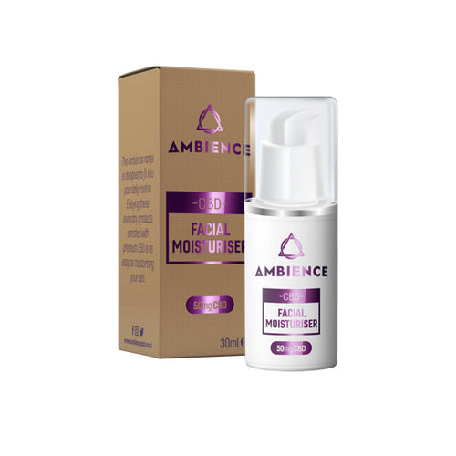 The image shows a 30ml bottle of Ambience CBD Infused Facial Moisturiser with 50mg of CBD, available in a Buy 1 Get 2 Free offer. The bottle, featuring a white lid and pump, highlights premium cannabidiol care. The beige box displays text and shares the same purple logo and branding found on the moisturiser bottle from Ambience CBD.