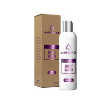 Load image into Gallery viewer, A white bottle of Ambience CBD Infused 50mg CBD Body Wash 100ml (Buy 1 Get 2 Free) with a purple label is positioned next to its brown packaging box. The packaging highlights the premium body wash, showcasing &quot;Ambience CBD Body Wash&quot; and &quot;50mg CBD&quot; content. The background remains plain white.
