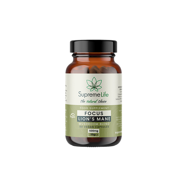 A bottle of Supreme CBD's Supreme Life 500mg Focus Lions Mane Vegan Capsules, promoting brain health. The label is green and white, indicating 60 vegan capsules of a mushroom blend. The brown bottle with a black cap features text stating 