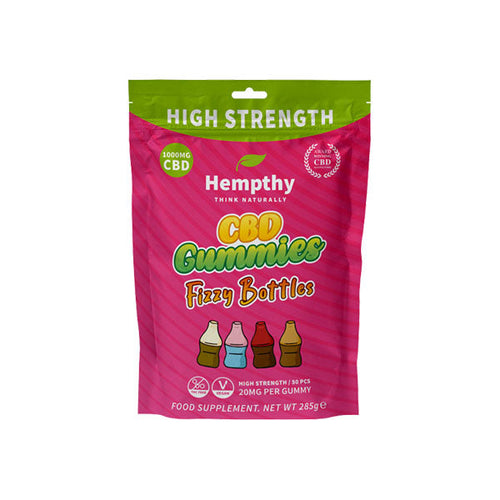 A red and green package of Hempthy 1000mg CBD Fizzy Bottles Gummies claims 