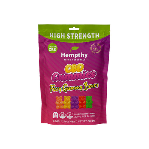 A vibrant package of Hempthy 1000mg CBD Fizzy Gummy Bears Gummies - 50 Pieces. The predominantly purple and green bag is labeled 