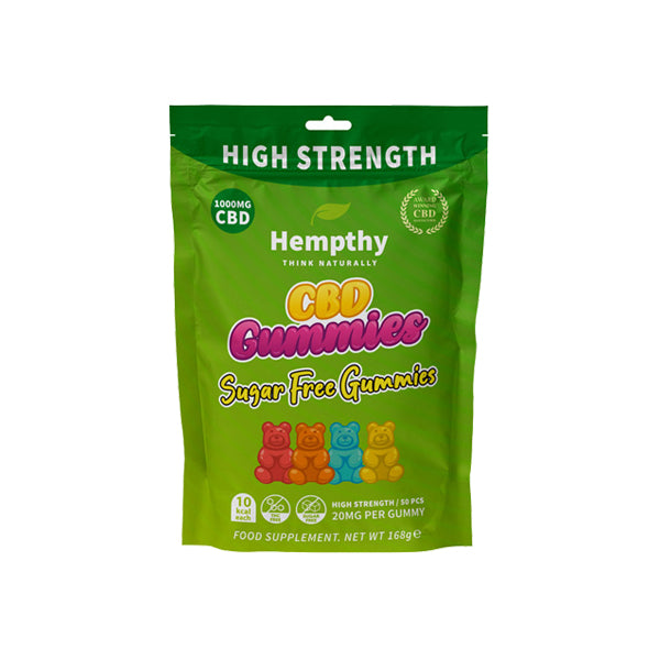 A green package of Hempthy 1000mg CBD Sugar Free Gummies, labeled as sugar-free CBD. The packaging features colorful gummy bear illustrations and clearly states that the bag contains 50 pieces with a total of 1000mg CBD and each gummy containing 20mg of CBD.