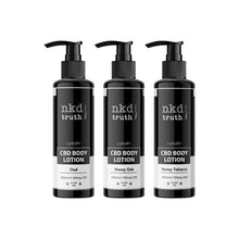 Load image into Gallery viewer, An image showcases three black bottles of NKD 100mg CBD Luxury Body Lotion 200ml, emphasizing their natural ingredients. The lotions are labeled as follows (from left to right): Oud, Honey Oak, and Honey Tobacco. Each CBD-infused body lotion contains 200ml with 100mg of CBD and features a pump dispenser for optimal skin hydration.
