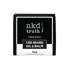 Load image into Gallery viewer, A rectangular packaging featuring a black and white design labeled &quot;NKD&quot; at the top. The text below reads &quot;NKD 150mg CBD Twin Pack OUD Beard Oil and Balm,&quot; indicating the product content, which includes a CBD-infused beard oil and balm with an Oud scent.
