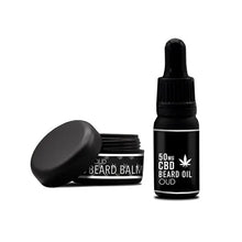 Load image into Gallery viewer, A small black jar labeled &quot;NKD Beard Balm&quot; with its lid open sits next to a sleek, black dropper bottle labeled &quot;NKD 150mg CBD Beard Oil OUD.&quot; The minimalist design of both CBD-infused containers is complemented by a cannabis leaf icon on the oil bottle.
