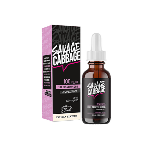 An image of a bottle of Savage Cabbage 3000mg CBD Oil Vanilla 30ml, featuring Full Spectrum CBD Hemp Extract at 100 mg/ml. The bottle, equipped with a dropper, is placed beside its pink and black packaging box.