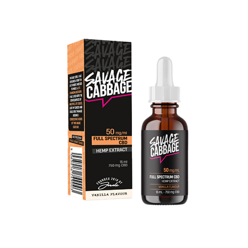 Image of a bottle and box of Savage Cabbage 750mg CBD Oil Vanilla 15ml. The bottle, labeled 