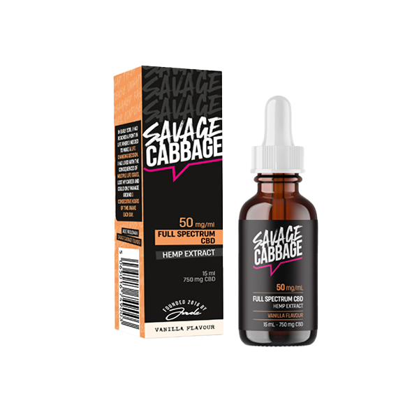 Image of a bottle and box of Savage Cabbage 750mg CBD Oil Vanilla 15ml. The bottle, labeled 