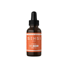 Load image into Gallery viewer, A dark amber bottle with a black dropper cap, featuring the &quot;Sensi CBD&quot; label in white text on an orange background with a honeycomb pattern. The label reads &quot;Citrus CBD Tincture,&quot; indicating it contains 30ml of 500mg broad-spectrum CBD oil derived from organically cultivated hemp.
