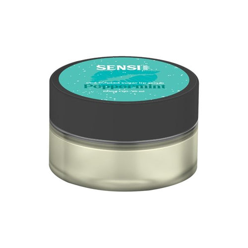 A small, clear plastic jar with a black lid features a teal label adorned with white text. The label reads 